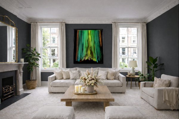 Green Aurora by Ana Ortiz, original painting, in room