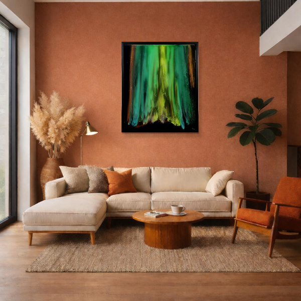 Green Aurora by Ana Ortiz, original painting, in room