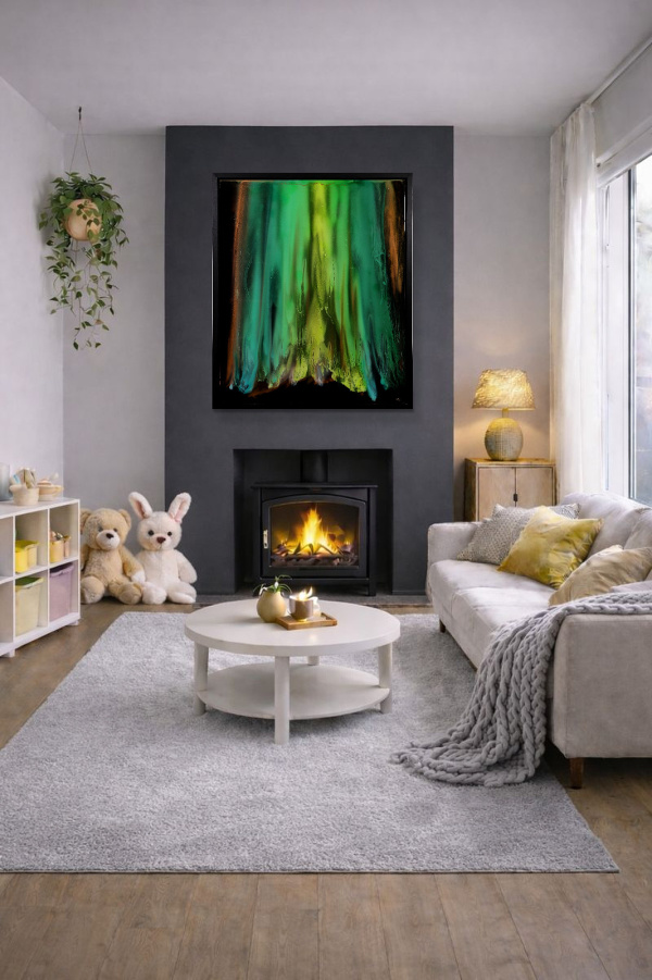 Green Aurora by Ana Ortiz, original painting, in room