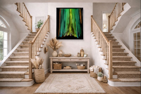Green Aurora by Ana Ortiz, original painting, in room