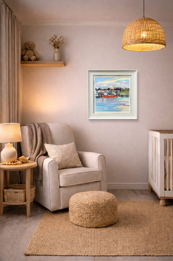 Awaiting the Tide, Walberswick by John Lawrence, original painting, in room