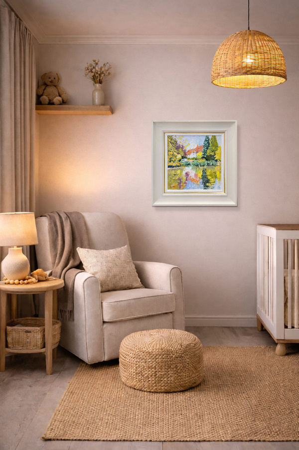 Buriton Pond Bathed In Sunlight by John Lawrence, original painting, in room