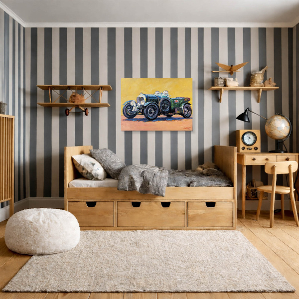 Supercharged Blower Bentley by John Lawrence, original painting, in room