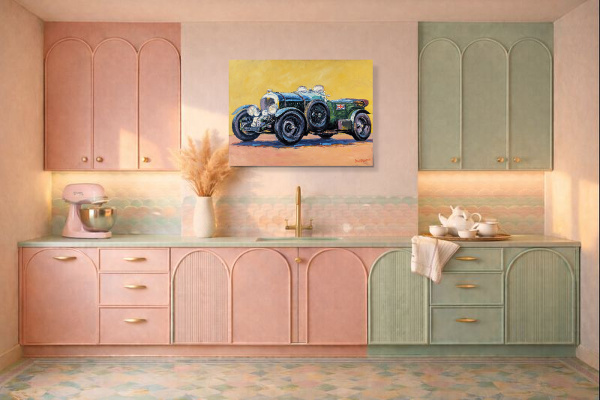 Supercharged Blower Bentley by John Lawrence, original painting, in room
