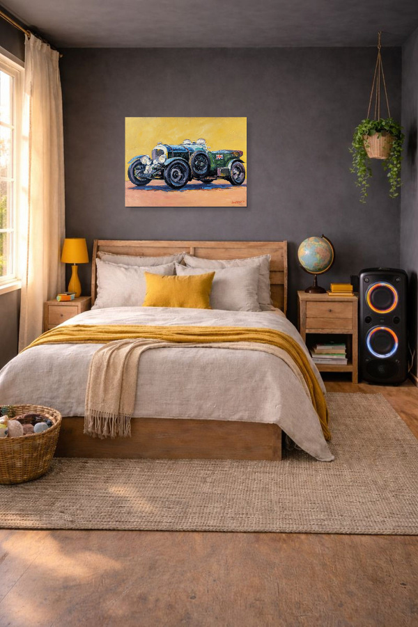 Supercharged Blower Bentley by John Lawrence, original painting, in room