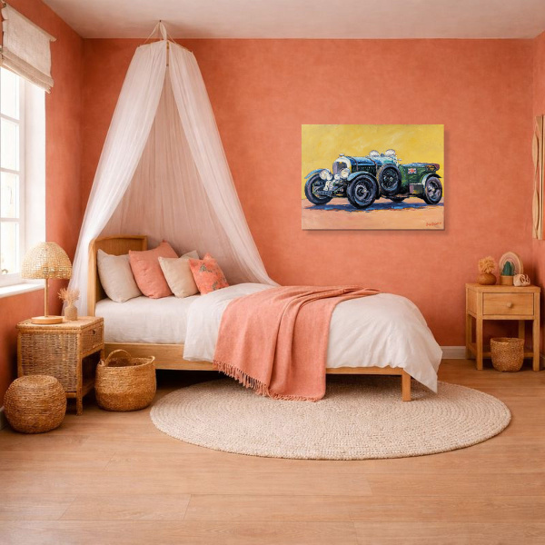 Supercharged Blower Bentley by John Lawrence, original painting, in room