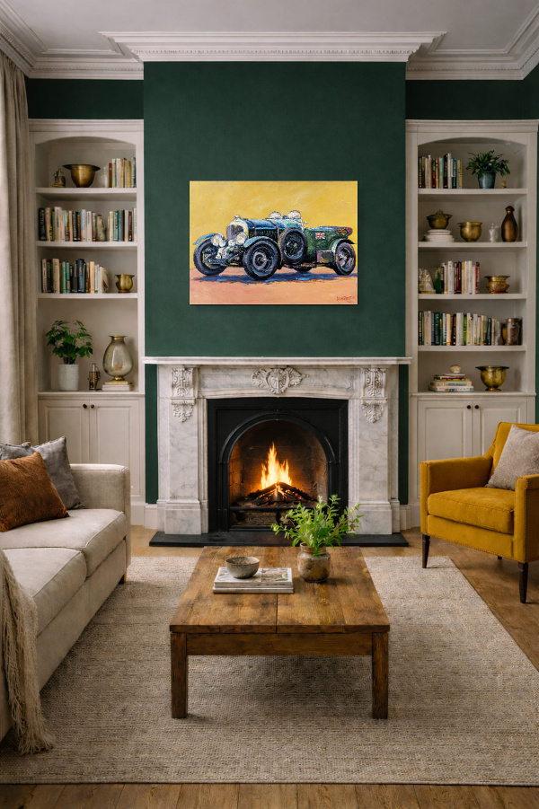 Supercharged Blower Bentley by John Lawrence, original painting, in room