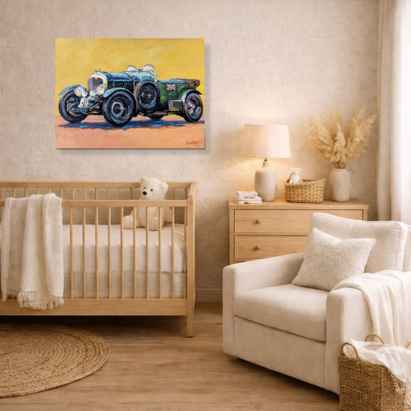 Supercharged Blower Bentley by John Lawrence, original painting, in room