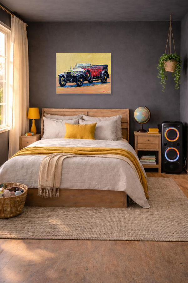 Rolls Royce Circa 1921 by John Lawrence, original painting, in room