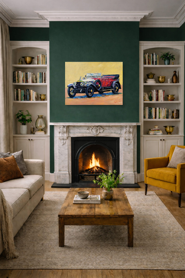Rolls Royce Circa 1921 by John Lawrence, original painting, in room