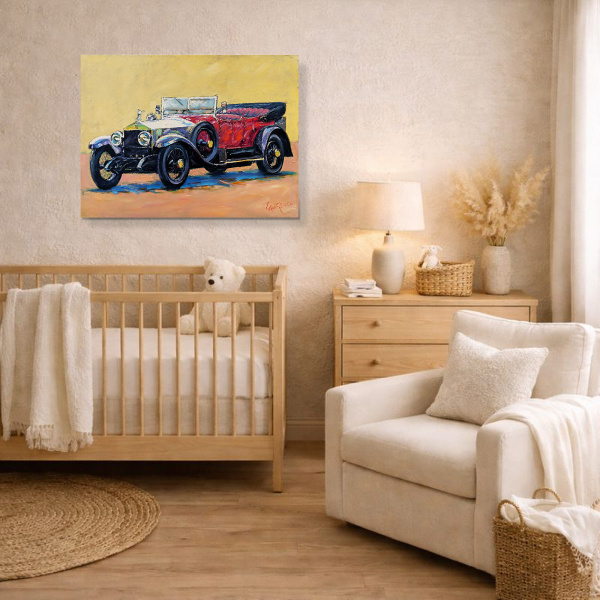 Rolls Royce Circa 1921 by John Lawrence, original painting, in room