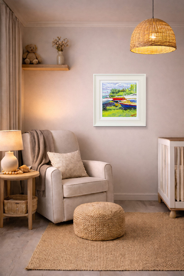 Higgledy-piggledy Boats, Aldeburgh by John Lawrence, original painting, in room