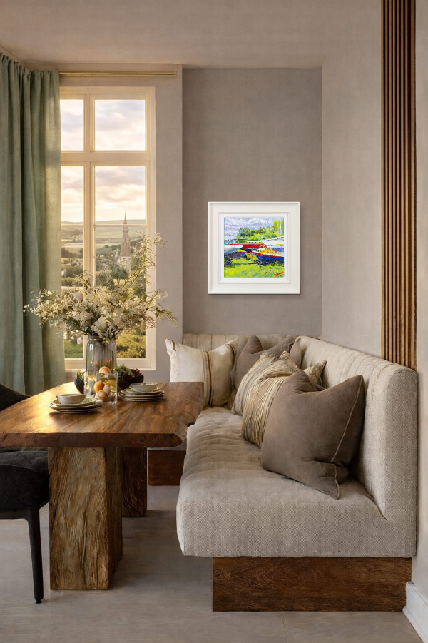 Higgledy-piggledy Boats, Aldeburgh by John Lawrence, original painting, in room