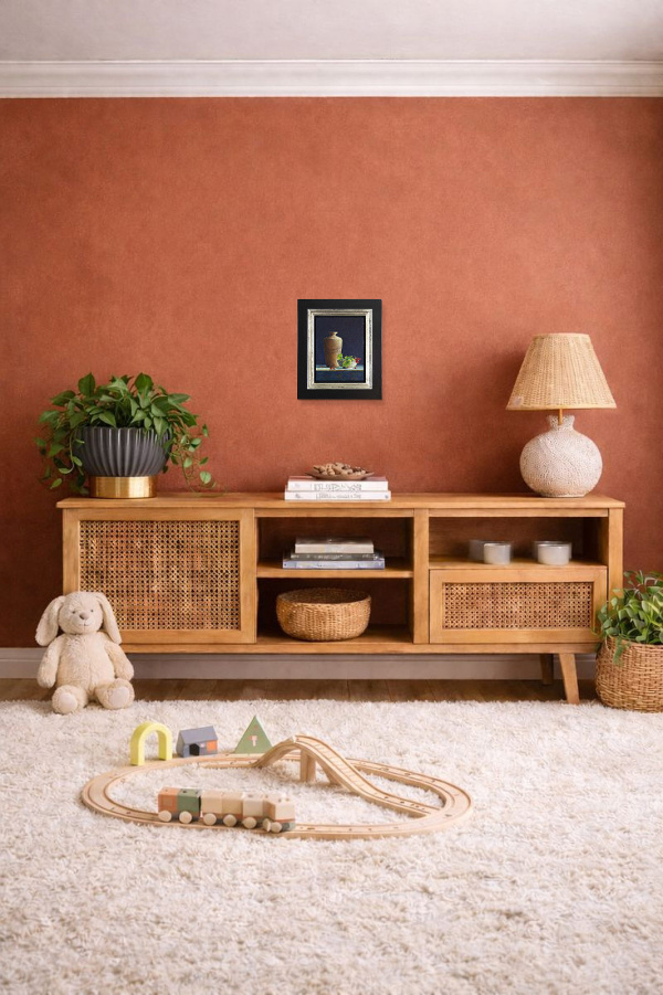 Terracotta Pot with Redcurrants by Lion Feijen, original painting, in room