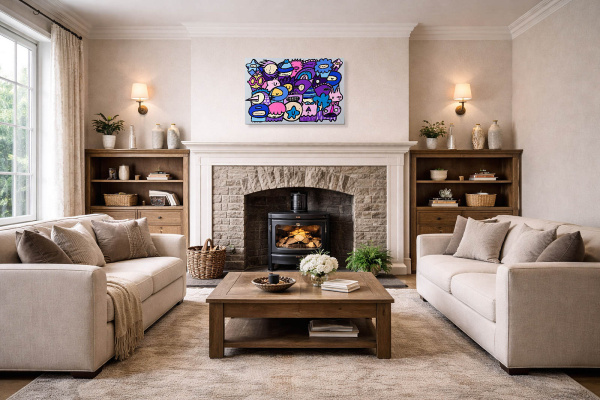 Pastel Pals by Kev Munday, original painting, in room