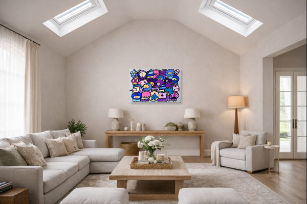 Pastel Pals by Kev Munday, original painting, in room