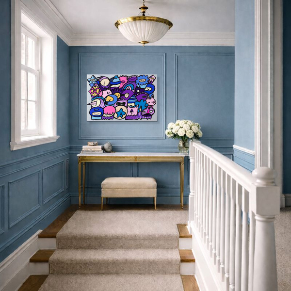 Pastel Pals by Kev Munday, original painting, in room