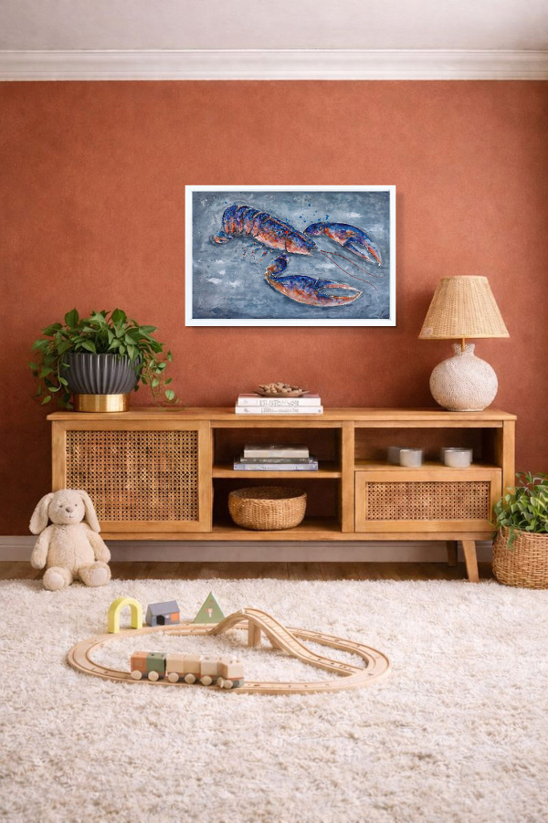 Large Blue Lobster (Original) by Giles Ward, original painting, in room
