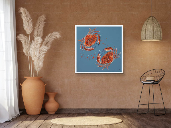 Two Red Crabs (Original) by Giles Ward, original painting, in room