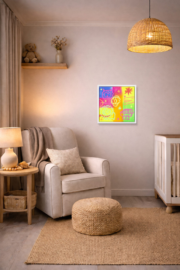 Space Cadets VII (UV light sensitive) by Kev Munday, original painting, in room