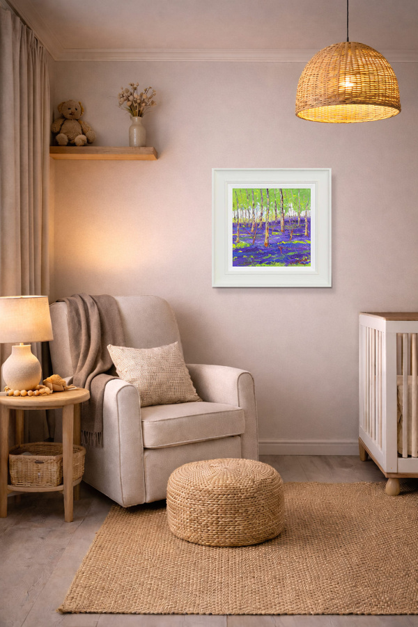 Bluebells In The Hazel Wood by John Lawrence, original painting, in room