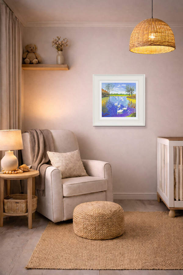 Swans Learning To Fly by John Lawrence, original painting, in room