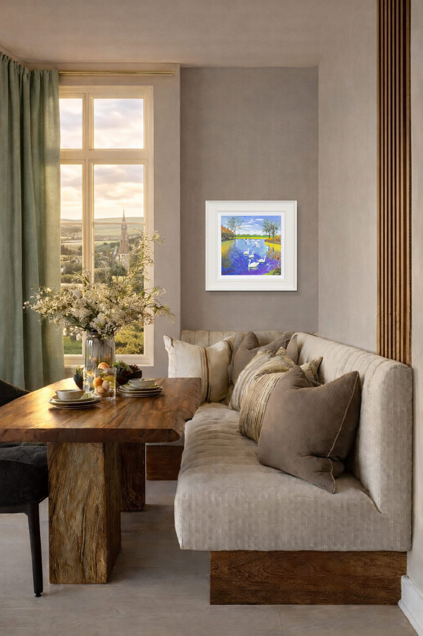 Swans Learning To Fly by John Lawrence, original painting, in room