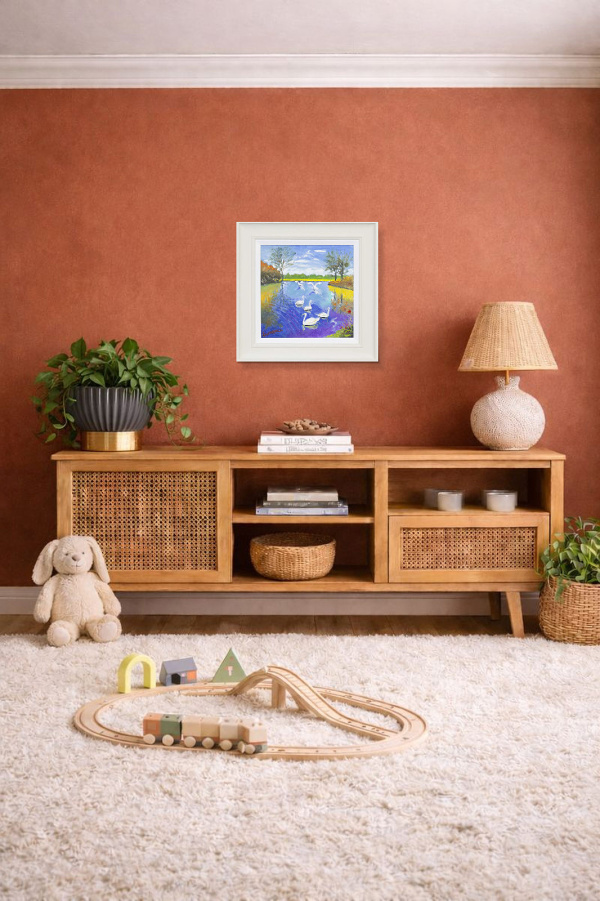 Swans Learning To Fly by John Lawrence, original painting, in room