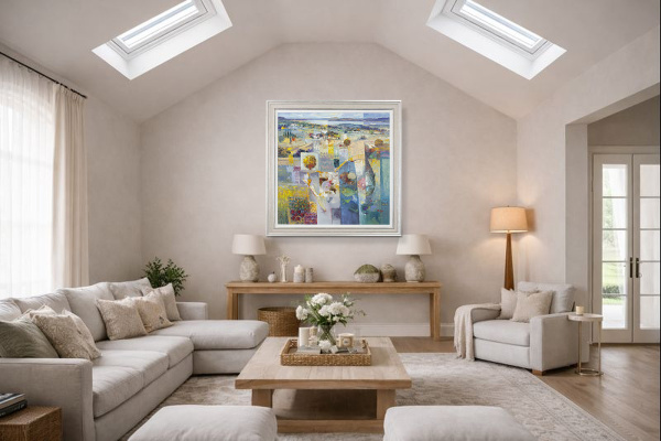 Tapestry Of Blue by Mario Malfer, original painting, in room