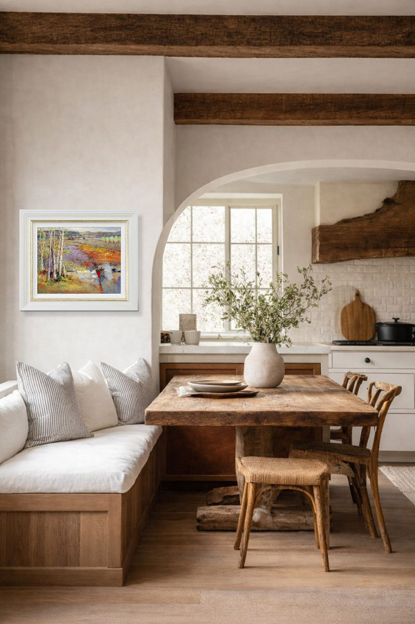 Silver Birch Landscape by Mario Malfer, original painting, in room