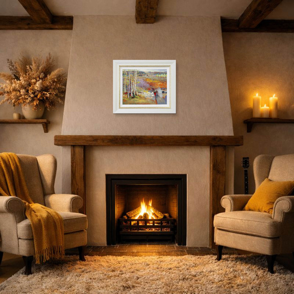Silver Birch Landscape by Mario Malfer, original painting, in room