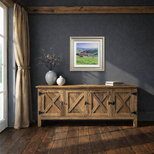 South Downs Pastures by Stephen Hawkins, original painting, in room