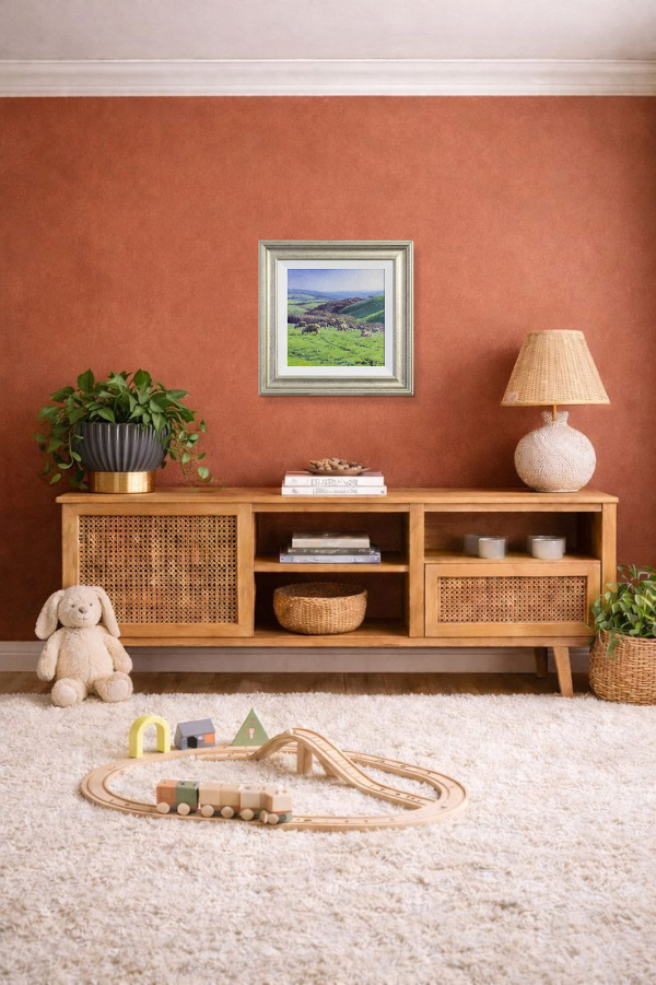 South Downs Pastures by Stephen Hawkins, original painting, in room
