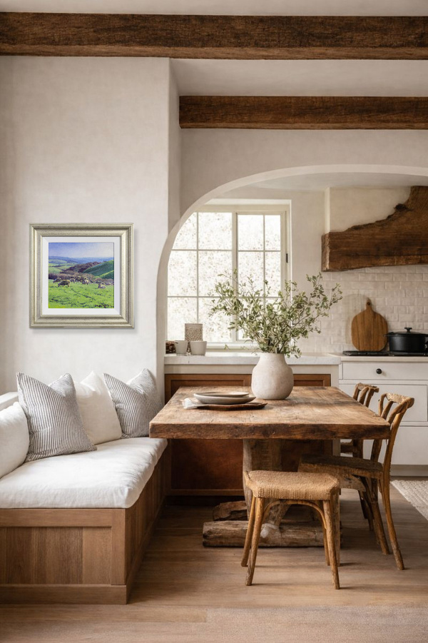 South Downs Pastures by Stephen Hawkins, original painting, in room