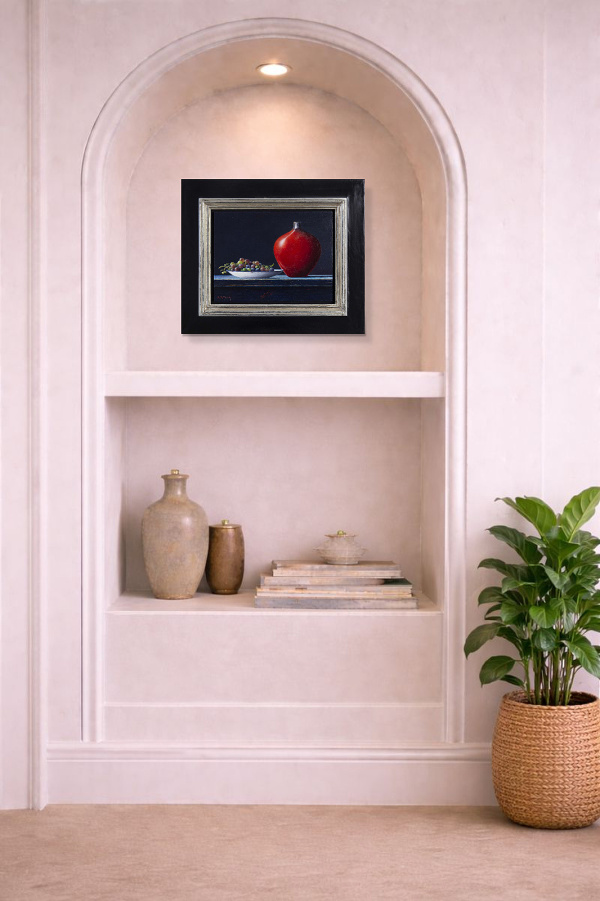 Grapes With Red Pot Still Life by Lion Feijen, original painting, in room