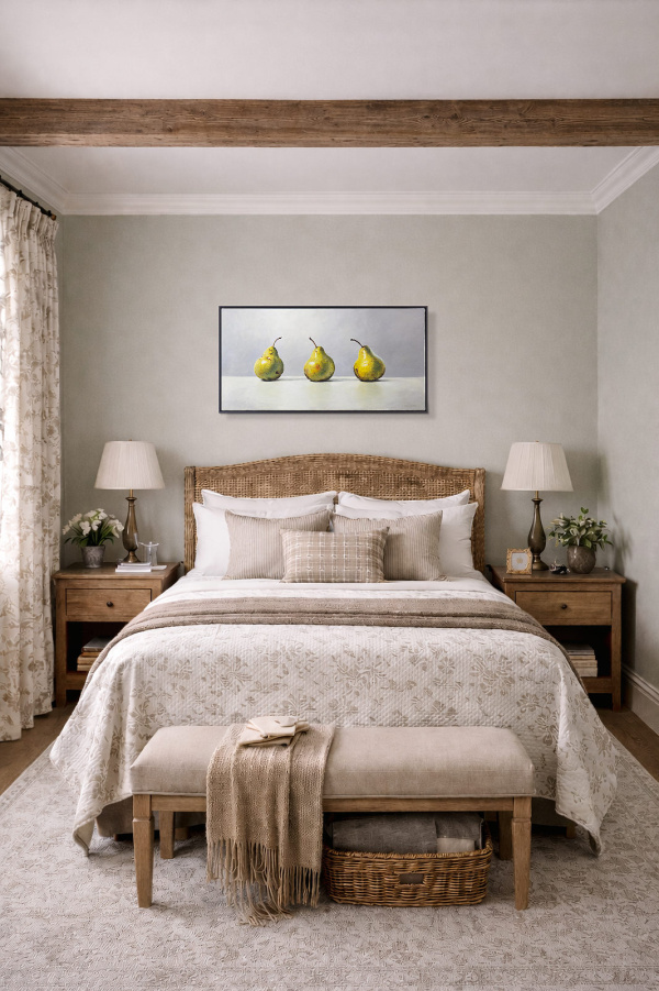 Green Pear Trio by Kiss Csaba, original painting, in room