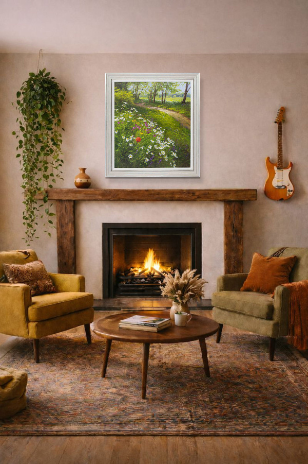 Walking Amongst Wild Flowers, Poppies & Daisies by Gerhard Nesvadba, original painting, in room