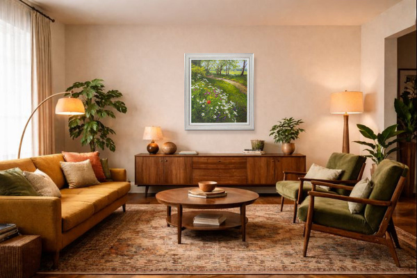 Walking Amongst Wild Flowers, Poppies & Daisies by Gerhard Nesvadba, original painting, in room