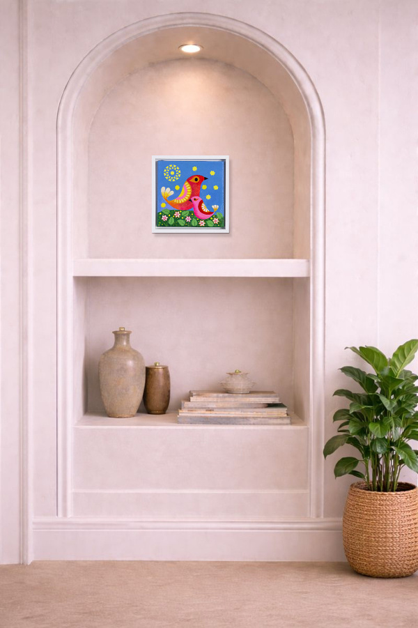 Birds II by Sunita Khedekar, original painting, in room