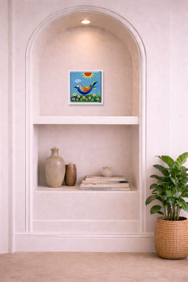 Birds III by Sunita Khedekar, original painting, in room