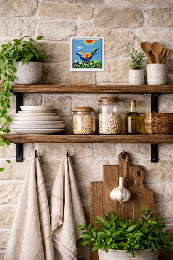 Birds III by Sunita Khedekar, original painting, in room