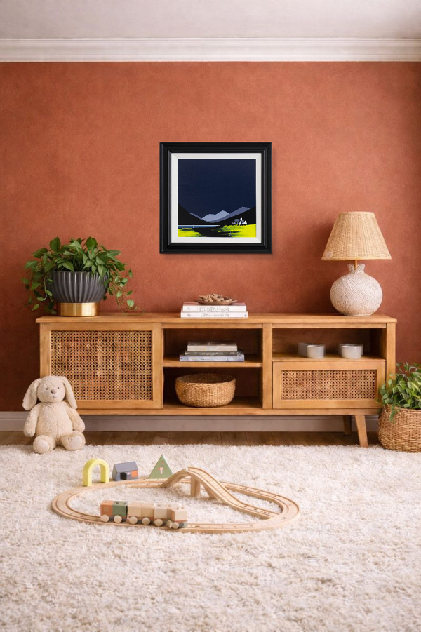 Misty Cottage by Jay Nottingham, original painting, in room