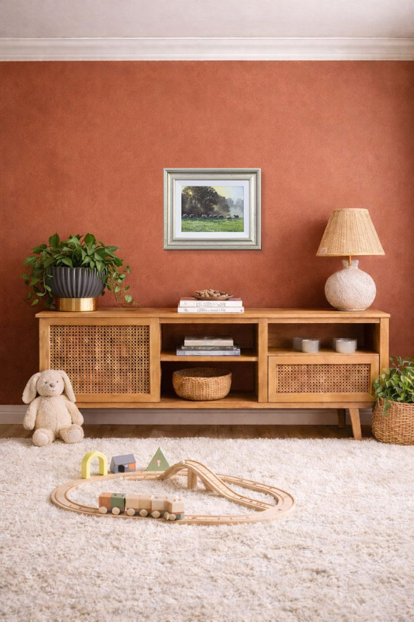 Golden Pastures by Stephen Hawkins, original painting, in room