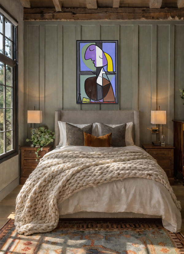 Buste de Femme de Profil (Femme Écrivant) after Picasso by David Henty, original painting, in room