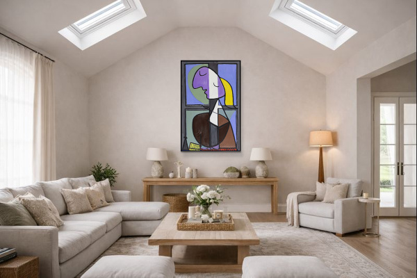 Buste de Femme de Profil (Femme Écrivant) after Picasso by David Henty, original painting, in room