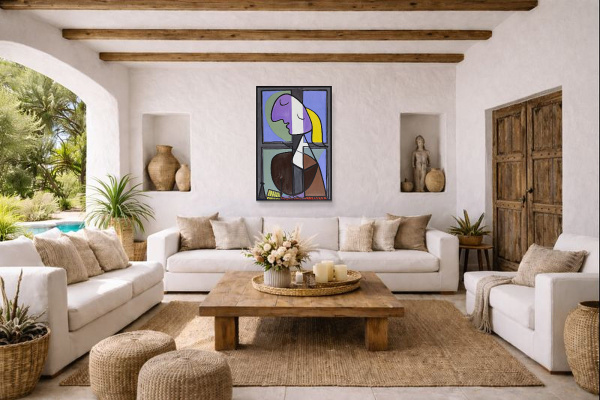 Buste de Femme de Profil (Femme Écrivant) after Picasso by David Henty, original painting, in room