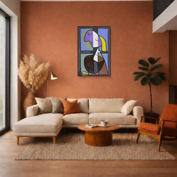 Buste de Femme de Profil (Femme Écrivant) after Picasso by David Henty, original painting, in room