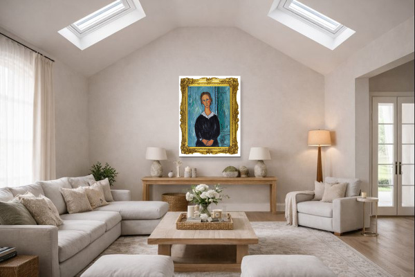 Portrait of A Servant Girl after Modigliani by David Henty, original painting, in room