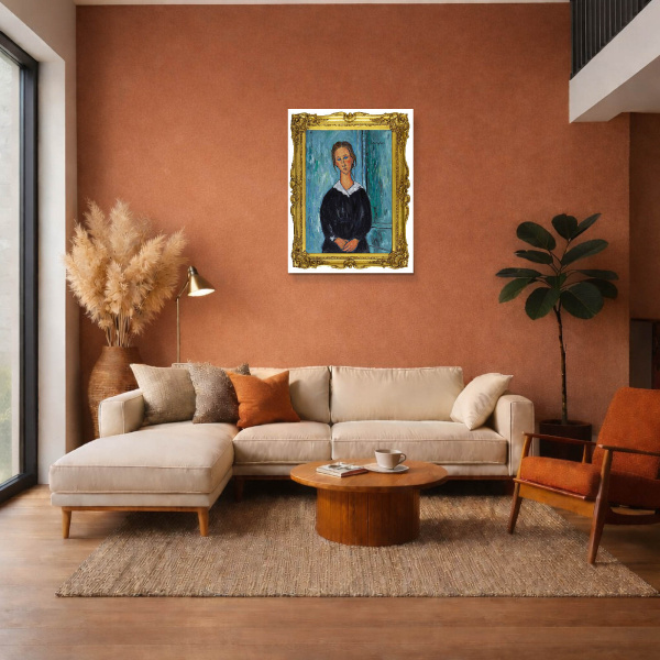 Portrait of A Servant Girl after Modigliani by David Henty, original painting, in room