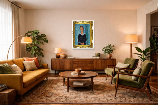 Portrait of A Servant Girl after Modigliani by David Henty, original painting, in room